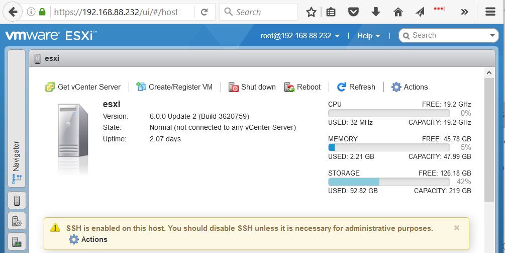 VMware ESXi Embedded Host Client Initial Screen